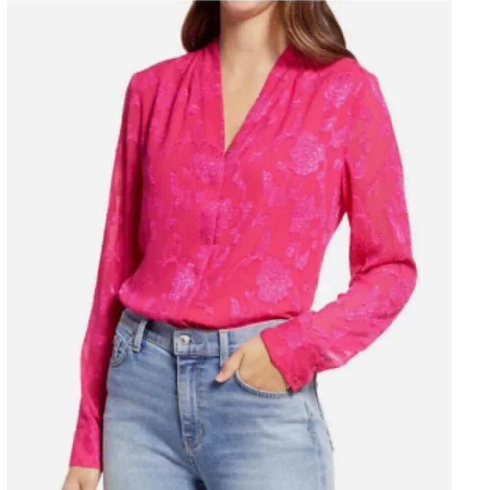 Women's Long Sleeve Pink Jacquard Floral Blouse V Neck, XL